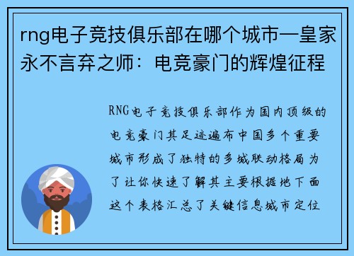 rng电子竞技俱乐部在哪个城市—皇家永不言弃之师：电竞豪门的辉煌征程